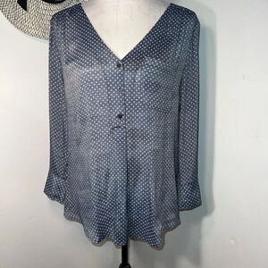 Fred David, M, long sleeve metallic slate blue silver polkadot, Henley tunic